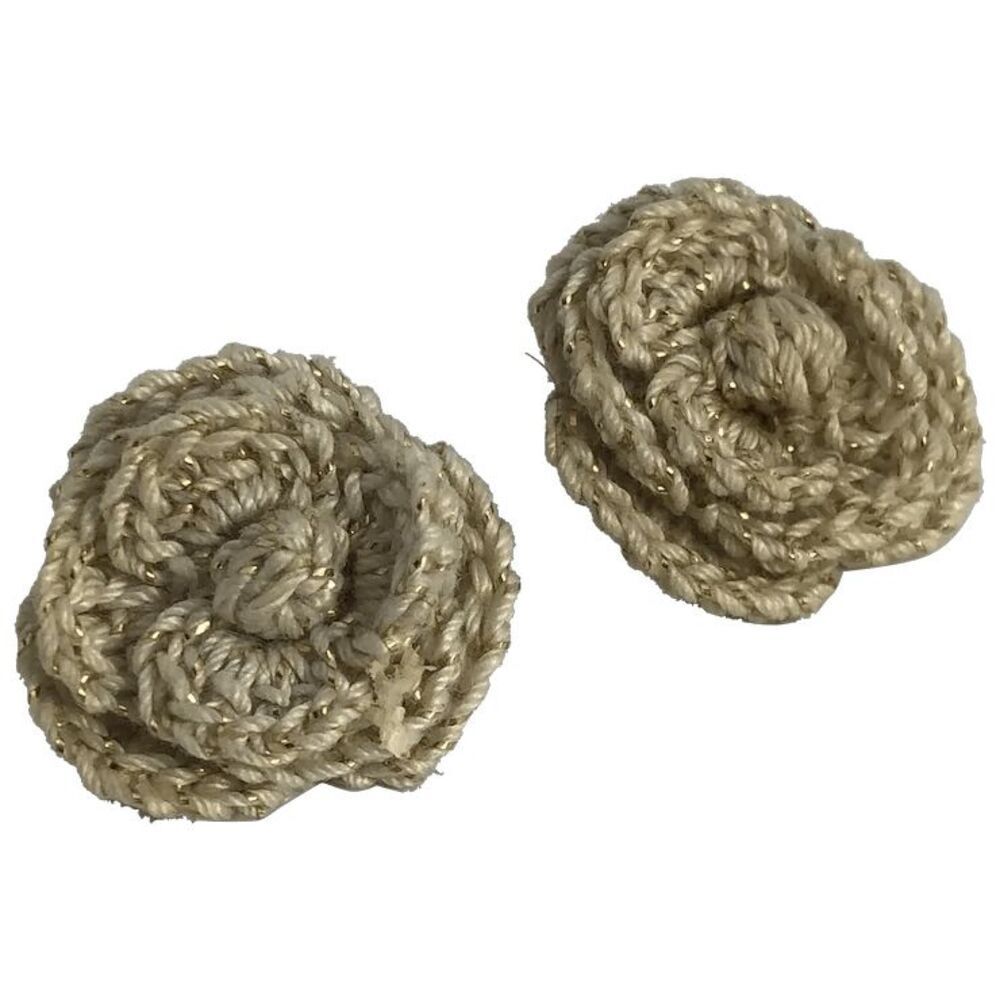 Unique Vintage Knit Floral Beige & Gold Flower Button Earrings